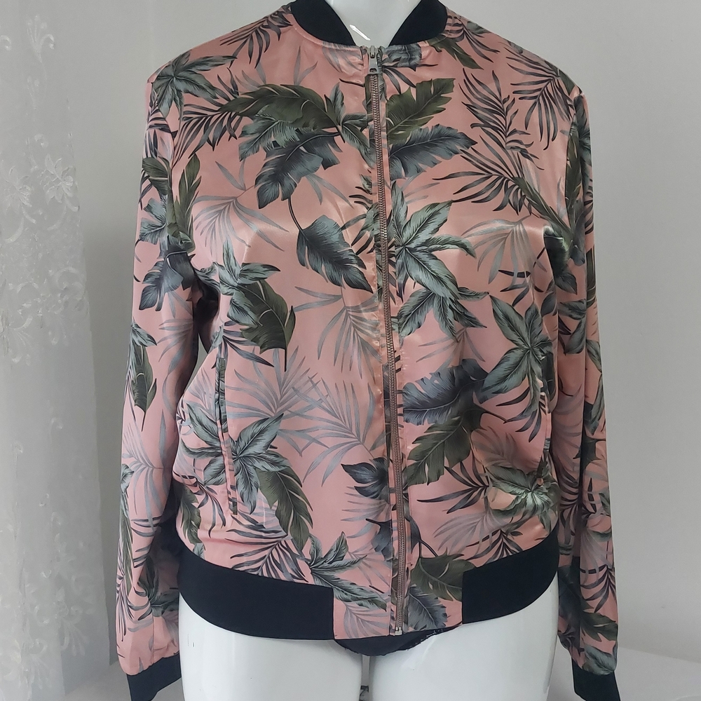 Forever 21 Pink Tropical Satin Bomber Jacket